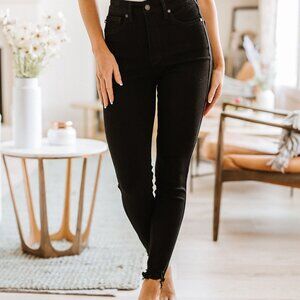 Judy Blue Pure Black Tummy Control Skinny Jean with Raw Hem Size 0